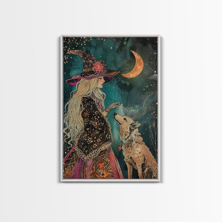 Mystical Witch and Wolf Under Crescent Moon - Halloween Wall Art - Spooky Home Decor - Perfect Halloween Gift - Witch and Wolf Painting