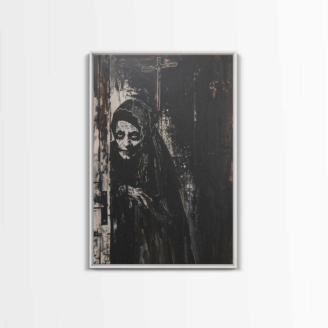 Haunted Nun with Eerie Expression, Framed Canvas Print, Gothic Halloween Art, Spooky Religious Decor, Scary Nun Painting, Gothic Home Art