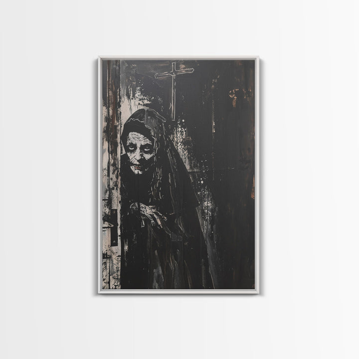 Haunted Nun with Eerie Expression, Framed Canvas Print, Gothic Halloween Art, Spooky Religious Decor, Scary Nun Painting, Gothic Home Art