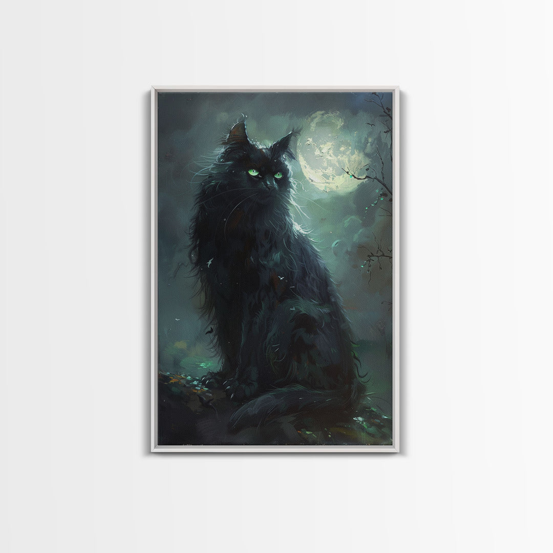 Sinister Black Cat with Green Eyes Under Moonlight - Spooky Halloween Artwork Framed Canvas Print, Gothic Home Wall Decor