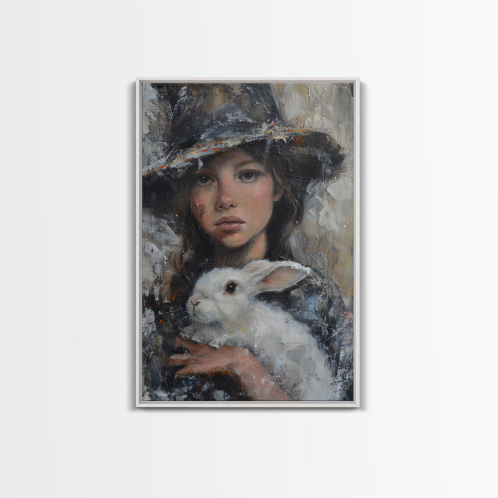 Enchanting Witch with White Rabbit in Serene Autumn Setting - Mystical Forest Art Framed Canvas Print, Halloween Home Decor