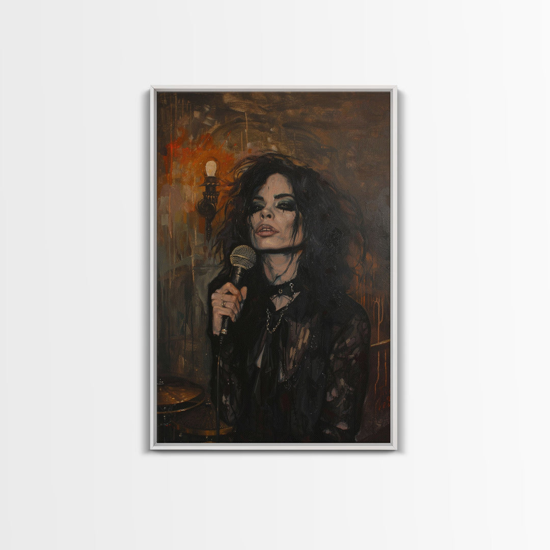 Gothic Singer with Dark Makeup - Halloween Art, Gothic Art, Spooky Decor Haunted Concert Dark Music Art, Eerie Portrait, Framed Canvas Print