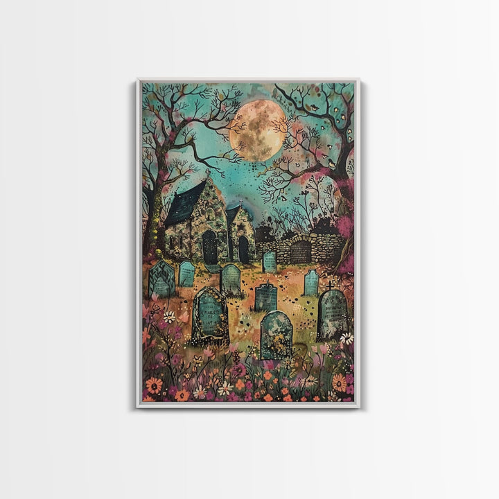Haunted Churchyard Framed Canvas Print, Halloween Art, Gothic Cemetery, Spooky Church, Haunted Scene, Eerie Moonlight, Halloween Decor