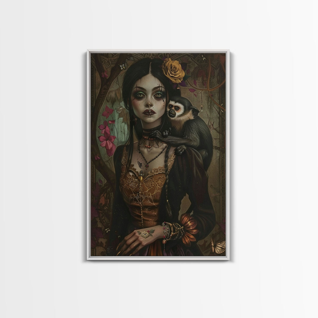 Spooky Halloween Witch Wall Art, Framed Canvas Prince, Halloween Decor, Halloween Gift Spooky Season, Cottage Core Witch and Monkey Familiar