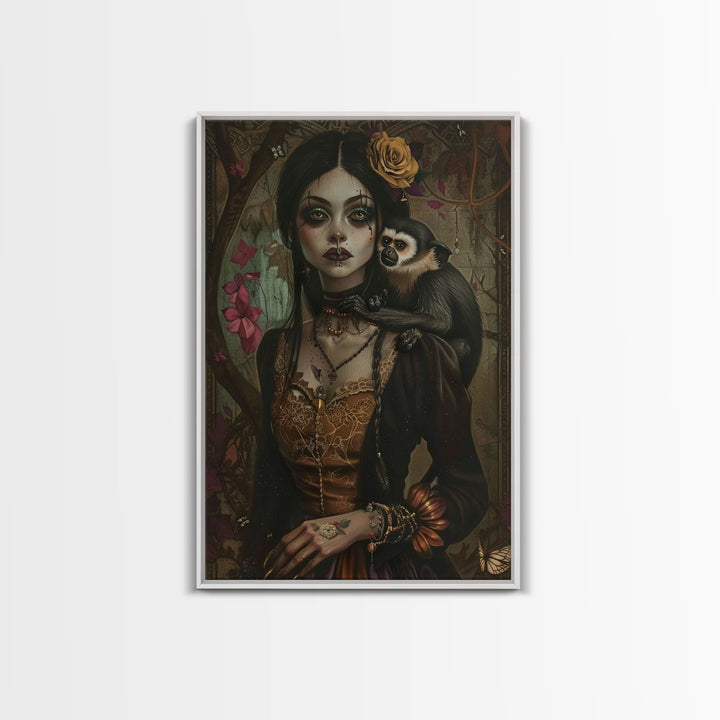 Spooky Halloween Witch Wall Art, Framed Canvas Prince, Halloween Decor, Halloween Gift Spooky Season, Cottage Core Witch and Monkey Familiar