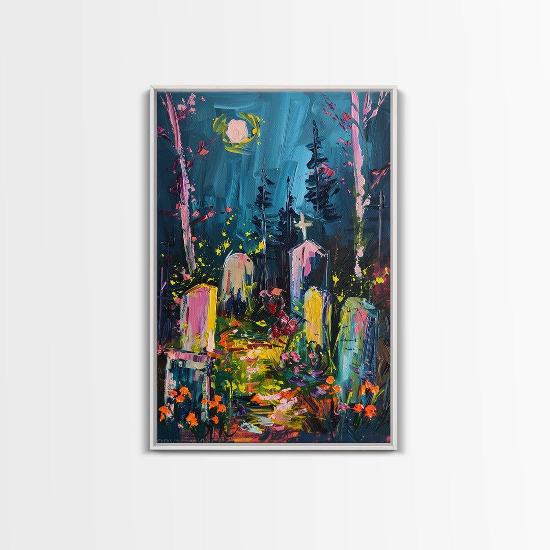 Colorful Cemetery Under Full Moon Framed Canvas Print, Wall Art, Vibrant Home Decor, Halloween Graveyard Painting Spooky Art Halloween Decor