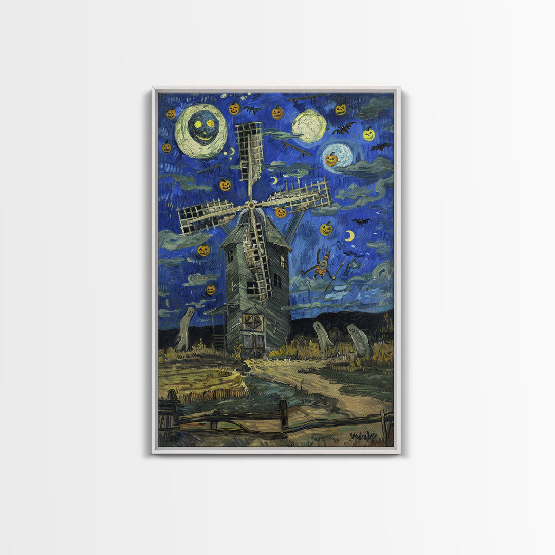 Haunted Railway Station with Pumpkins Framed Canvas Print, Wall Art, Spooky Home Decor, Halloween Train Station Art, Eerie Painting