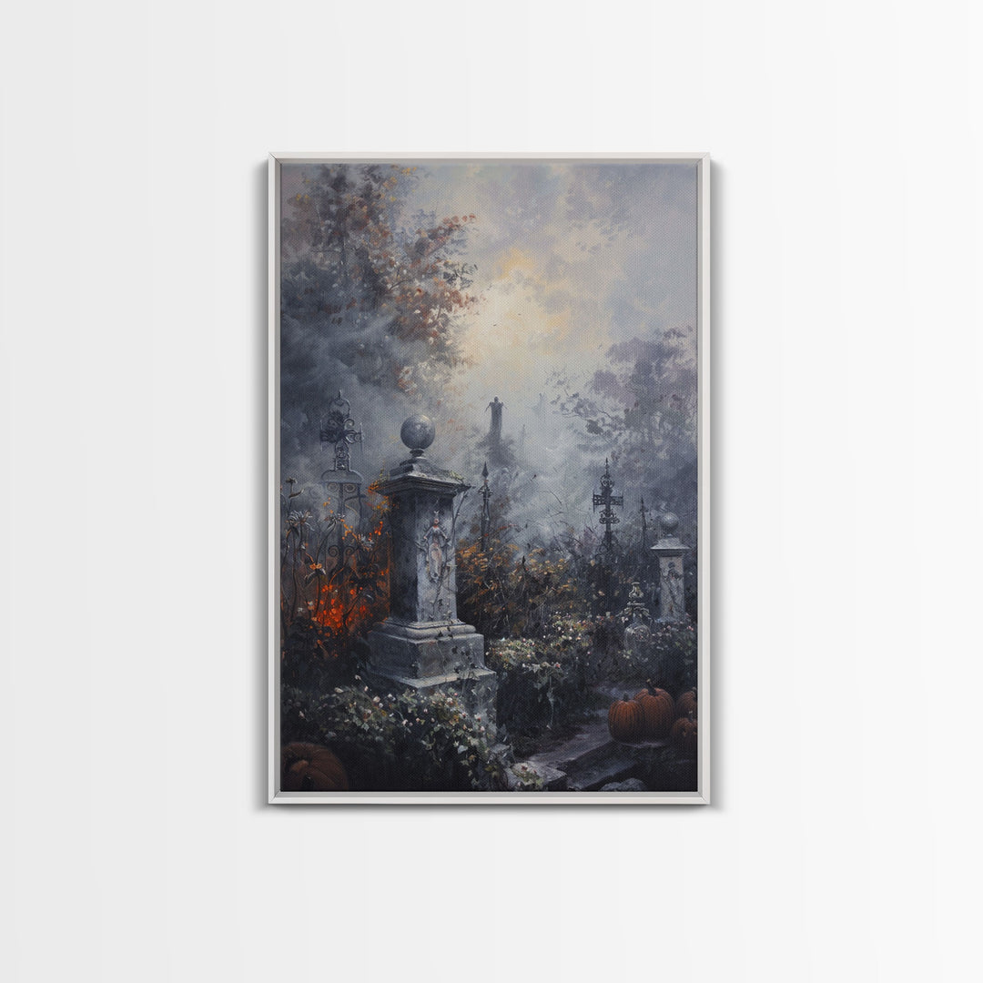 Gothic Cemetery with Statues Framed Canvas Print, Halloween Wall Art, Haunted Graveyard, Home Decor, Spooky Art, Living Room Decor, Gothic