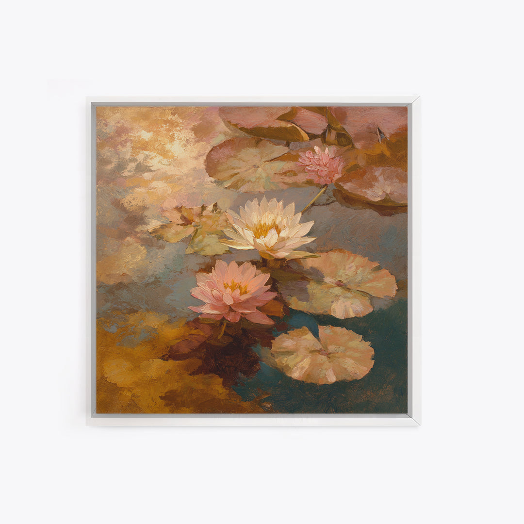 Water Lilies Floating on a Sunlit Pond Framed Canvas Print, Impressionist Art, Modern Decor, Living Room Decor, Impression, IMP-1x1-1