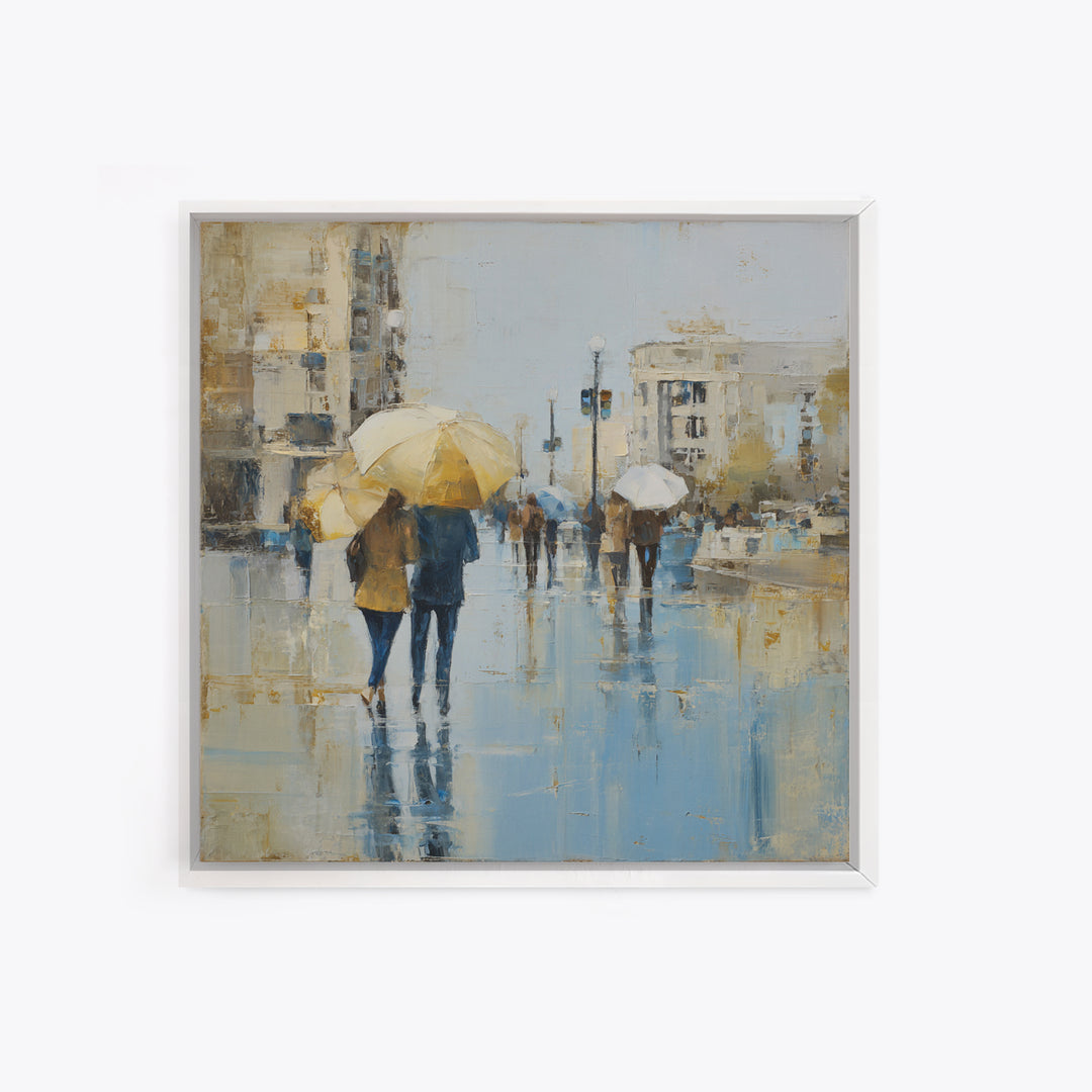 Rainy Boulevard with Umbrella Shapes Framed Canvas Print, Impressionist Art, Neutral Decor, Living Room Decor, Impression, IMP-1x1-21