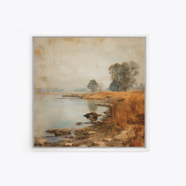 Misty Riverbank with Willow Trees Canvas Print, Impressionist Art, Coastal Wall Art, Living Room Decor, Fine Art, Impression, IMP-1x1-35