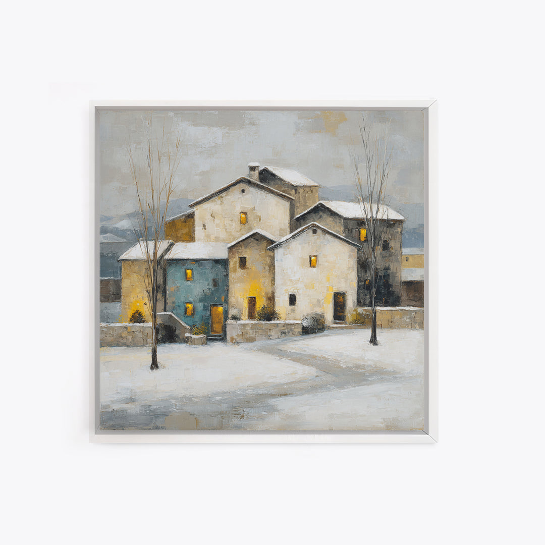 Snowy Village with Warm Glowing Windows Framed Canvas Print, Impressionist Art, Boho Decor, Living Room Decor, Oil Painting, IMP-1x1-37