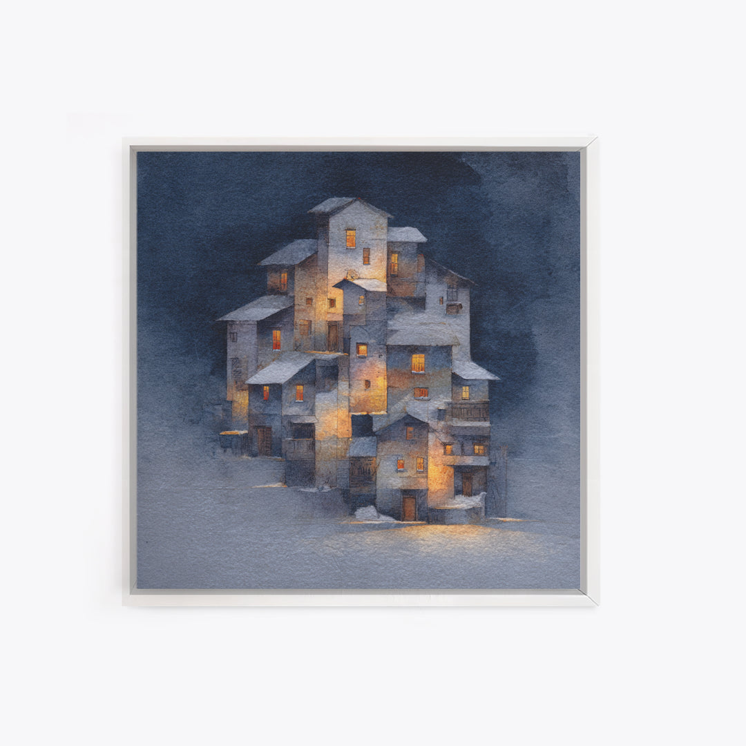 Snowy Village with Warm Glowing Windows Framed Canvas Print, Impressionist Art, Boho Decor, Living Room Decor, Oil Painting, IMP-1x1-61