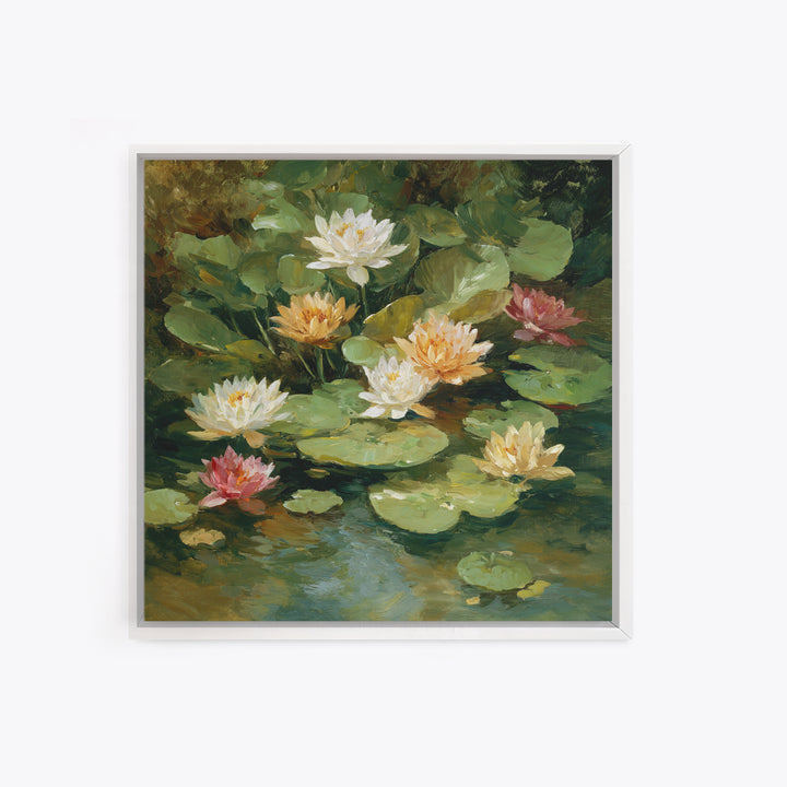 Water Lilies Floating on a Sunlit Pond Framed Canvas Print, Impressionist Art, Living Room Decor, Watercolor Art, Impression, IMP-1x1-73