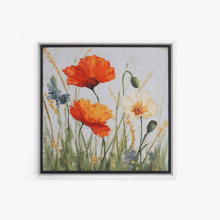 Poppies Blowing Through Green Grass Framed Canvas Print, Impressionist Art, Landscape Art, Living Room Decor, Abstract Art, IMP-1x1-84