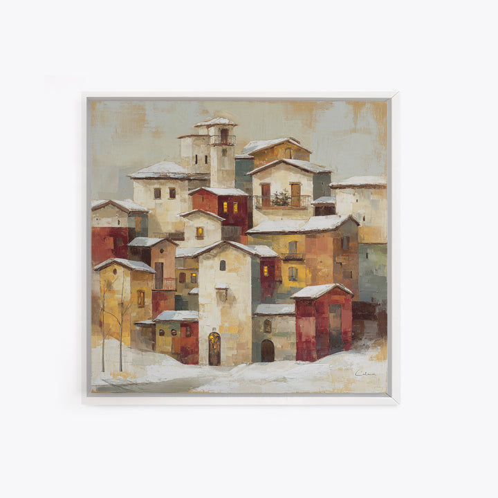 Snowy Village with Warm Glowing Windows Canvas Print, Impressionist Art, Minimalist Decor, Living Room Decor, Impression, IMP-1x1-85