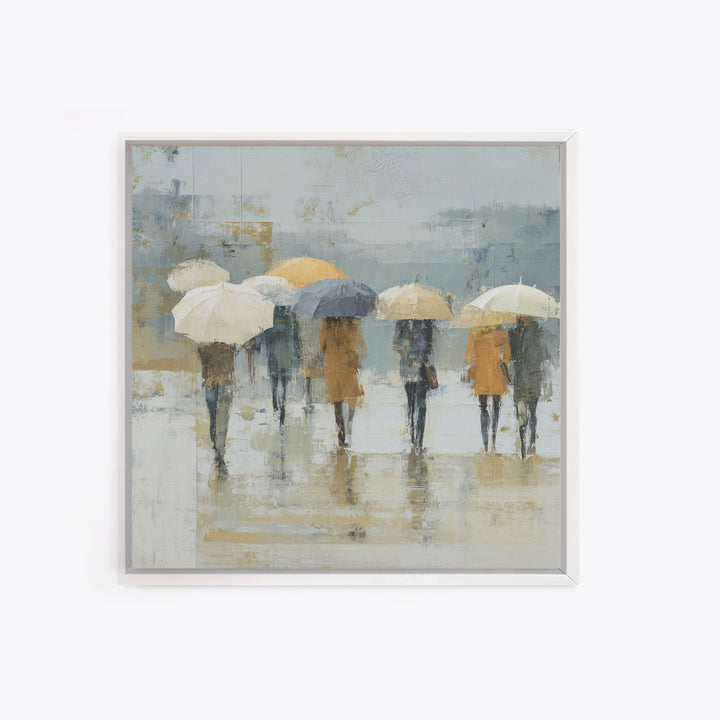 Rainy Boulevard with Umbrella Shapes Framed Canvas Print, Impressionist Art, Wall Art, Living Room Decor, Abstract Art, IMP-1x1-93