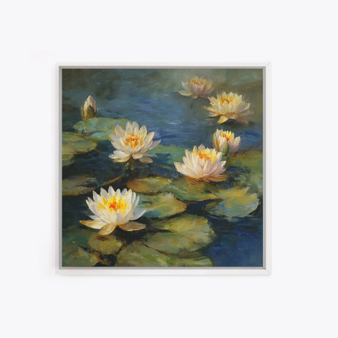 Water Lilies Floating on a Sunlit Pond Canvas Print, Impressionist Art, Oil Painting, Living Room Decor, Impression, IMP-1x1-97