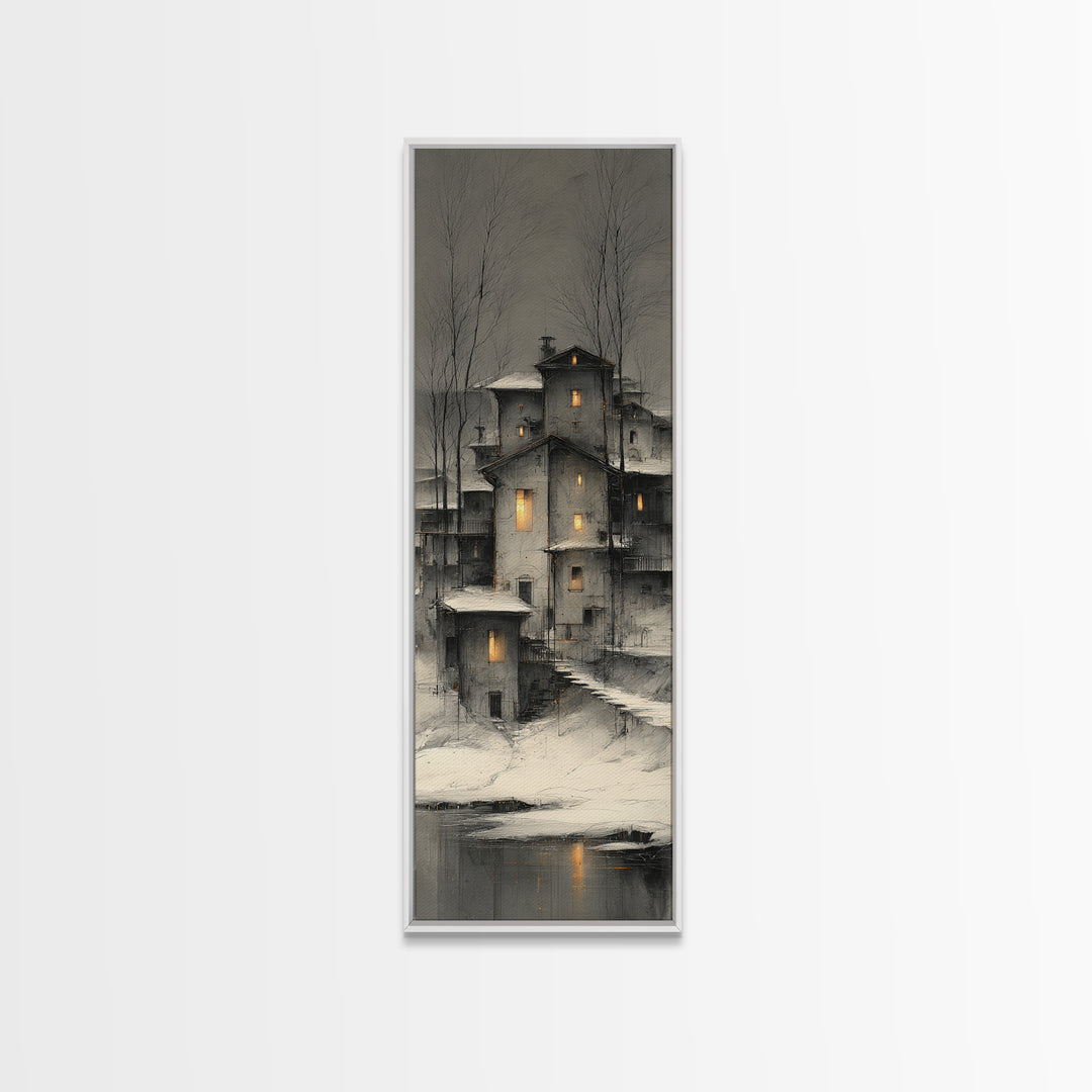 Snowy Village with Warm Glowing Windows Canvas Print, Impressionist Art, Bedroom Decor, Living Room Decor, Fine Art, Impression, IMP-1x3-25
