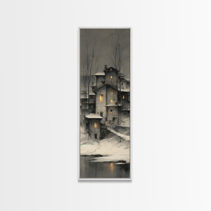 Snowy Village with Warm Glowing Windows Canvas Print, Impressionist Art, Bedroom Decor, Living Room Decor, Fine Art, Impression, IMP-1x3-25