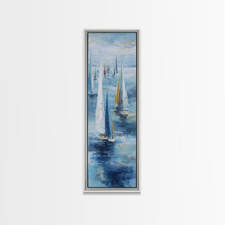 Sailboats on a Bright Sparkling Harbor Framed Canvas Print, Impressionist Art, Wall Art, Living Room Decor, Oil Painting, IMP-1x3-45