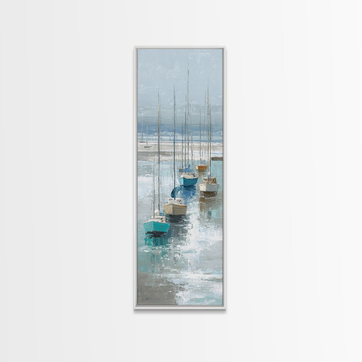 Sailboats on a Bright Sparkling Harbor Framed Canvas Print, Impressionist Art, Wall Art, Living Room Decor, Oil Painting, IMP-1x3-69