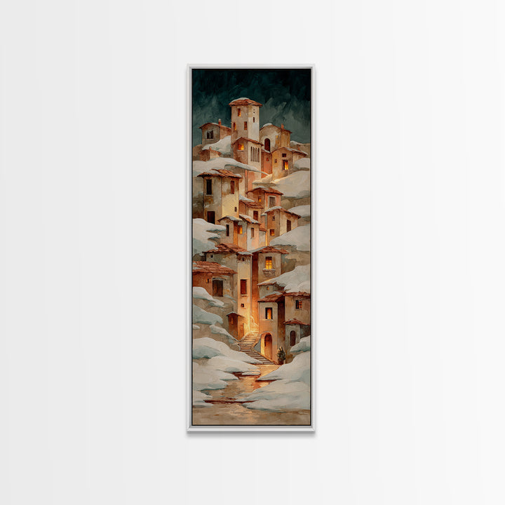 Snowy Village with Warm Glowing Windows Canvas Print, Impressionist Art, Farmhouse Decor, Living Room Decor, Impression, IMP-1x3-73