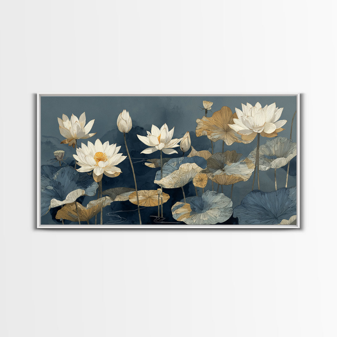 Water Lilies Floating on a Sunlit Pond Canvas Print, Impressionist Art, Oil Painting, Living Room Decor, Impression, IMP-2x1-21
