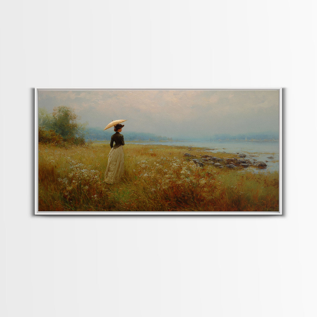 Woman with Parasol in Breezy Meadow Framed Canvas Print, Impressionist Art, Original Art, Living Room Decor, Impression, IMP-2x1-23