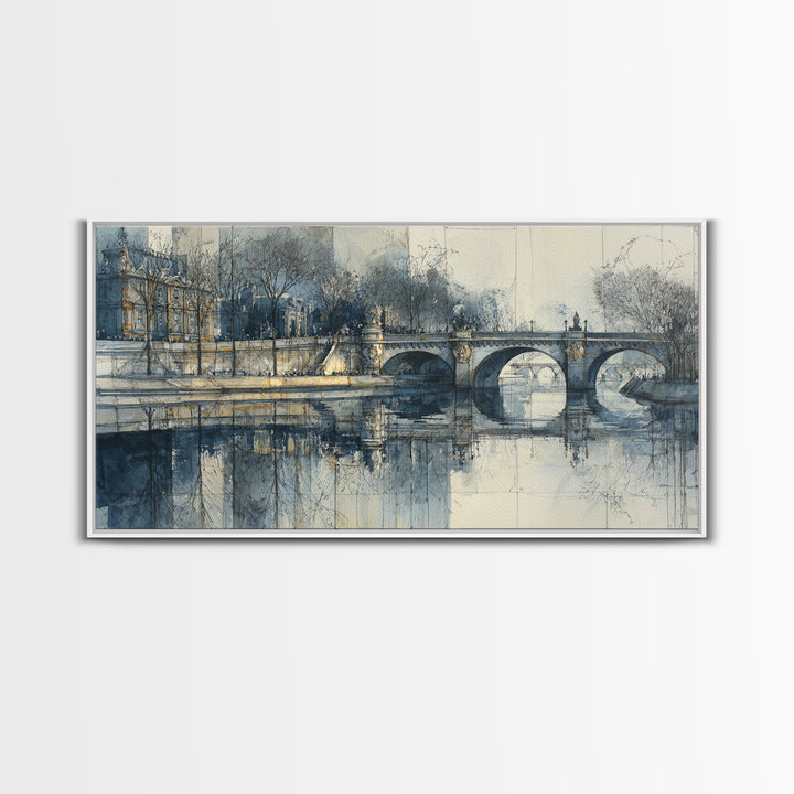 Paris Bridge Reflected Framed Canvas Print, Impressionist Art, Boho Decor, Living Room Decor, Oil Painting, Impression, IMP-2x1-27