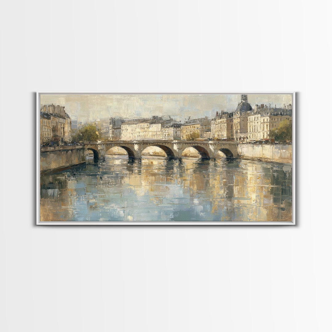 Paris Bridge Reflected Framed Canvas Print, Impressionist Art, Farmhouse Decor, Living Room Decor, Fine Art, Impression, IMP-2x1-3