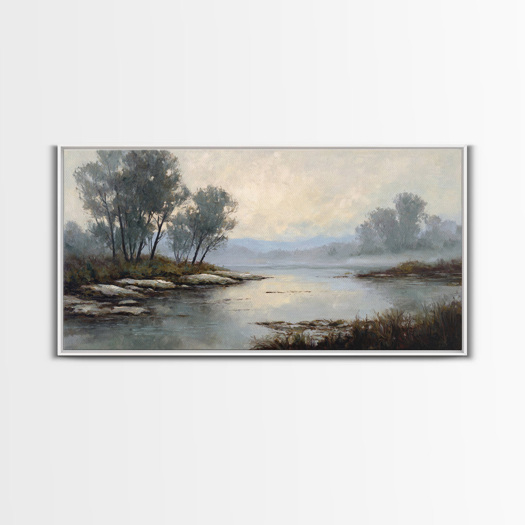 Misty Riverbank with Willow Trees Canvas Print, Impressionist Art, Textured Wall Art, Living Room Decor, Fine Art, Impression, IMP-2x1-31