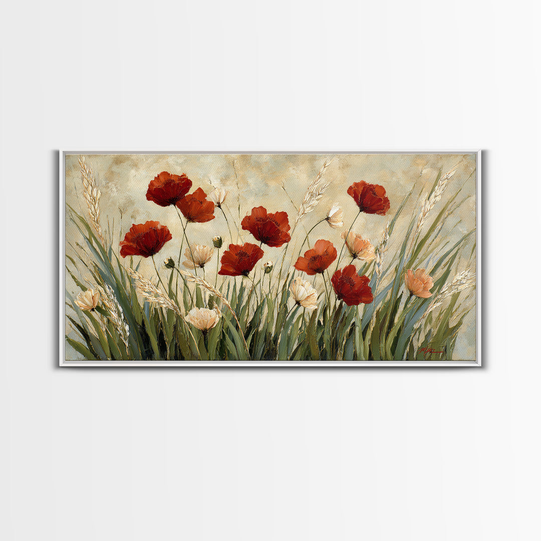 Poppies Blowing Through Green Grass Canvas Print, Impressionist Art, Wall Art, Living Room Decor, Oil Painting, Impression, IMP-2x1-32