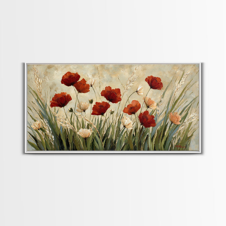 Poppies Blowing Through Green Grass Canvas Print, Impressionist Art, Wall Art, Living Room Decor, Oil Painting, Impression, IMP-2x1-32