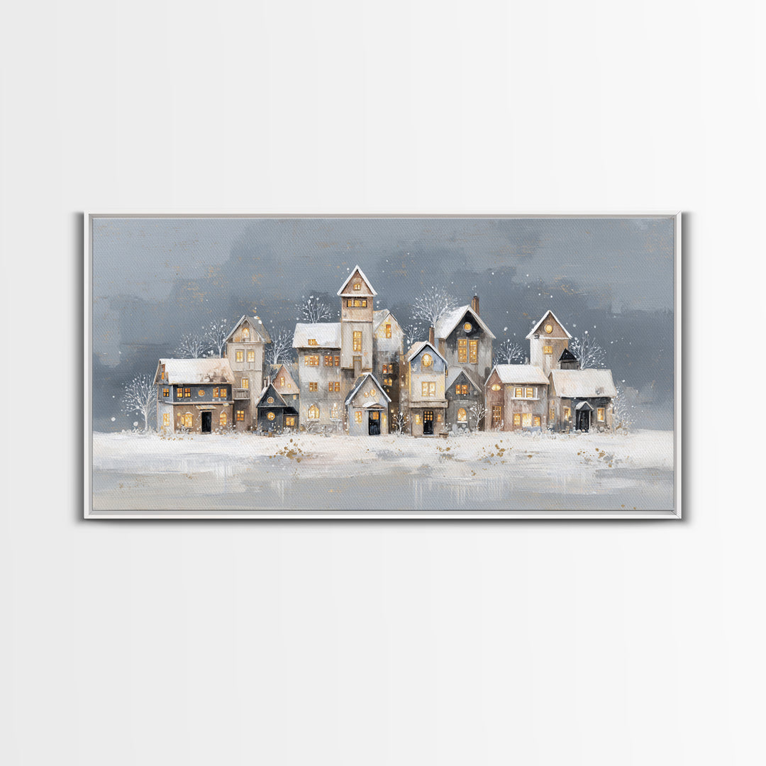 Snowy Village with Warm Glowing Windows Framed Canvas Print, Impressionist Art, Art Print, Living Room Decor, Impression, IMP-2x1-33