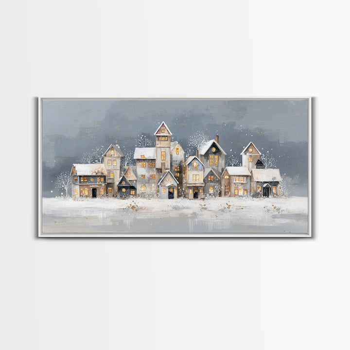Snowy Village with Warm Glowing Windows Framed Canvas Print, Impressionist Art, Art Print, Living Room Decor, Impression, IMP-2x1-33