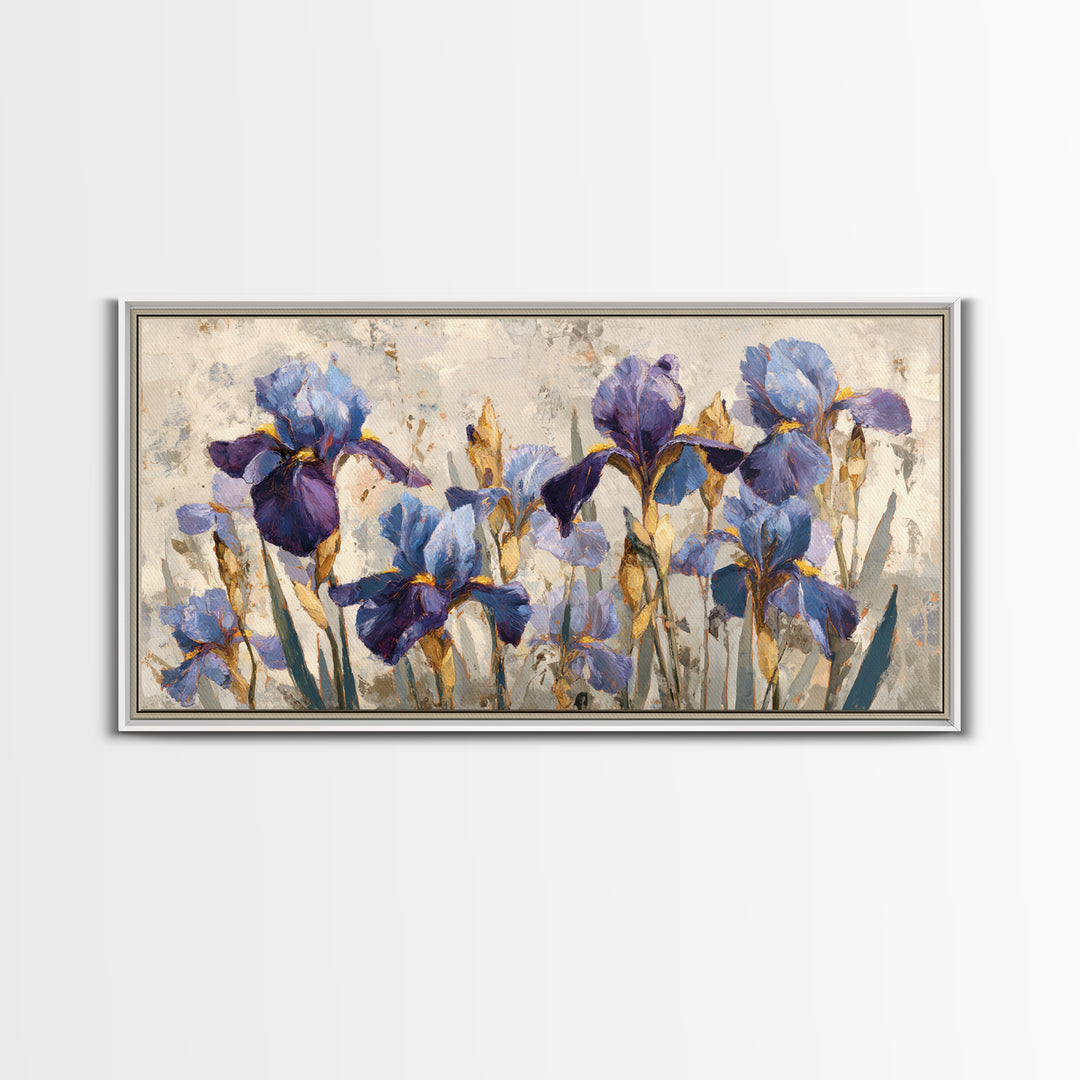Iris Garden with Blue Violet Strokes Framed Canvas Print, Impressionist Art, Wall Decor, Living Room Decor, Impression, IMP-2x1-40