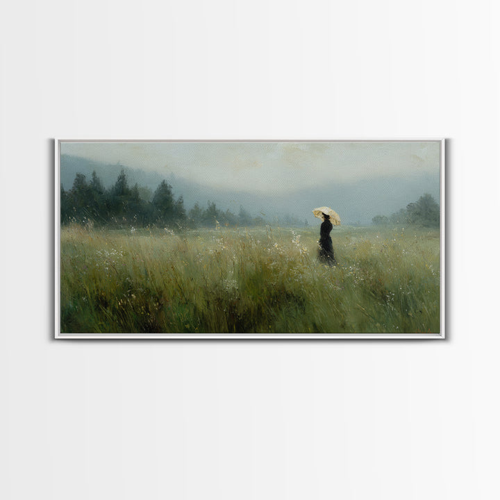 Woman with Parasol in Breezy Meadow Canvas Print, Impressionist Art, Horizontal Wall Art, Living Room Decor, Oil Painting, IMP-2x1-47