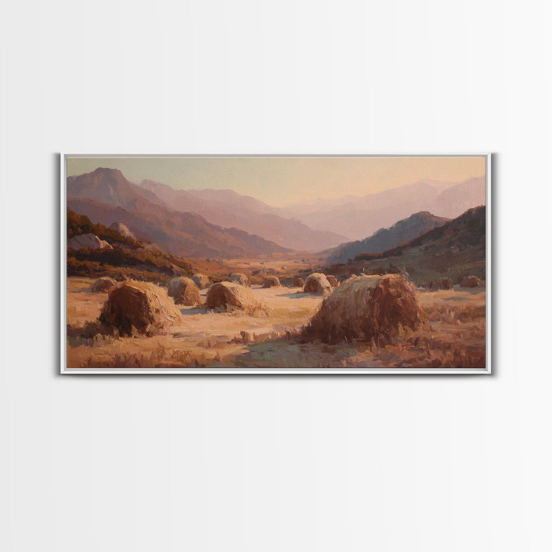 Haystacks Glowing at Golden Hour Canvas Print, Impressionist Art, Art Print, Living Room Decor, Fine Art, Impression, IMP-2x1-48