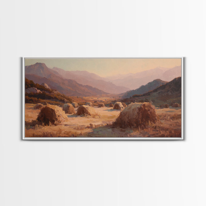 Haystacks Glowing at Golden Hour Canvas Print, Impressionist Art, Art Print, Living Room Decor, Fine Art, Impression, IMP-2x1-48