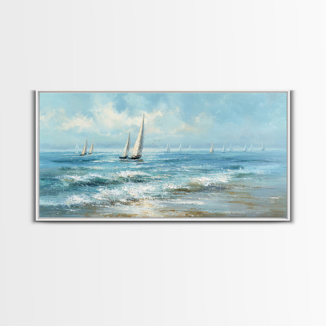 Sailboats on a Bright Sparkling Harbor Canvas Print, Impressionist Art, Horizontal Wall Art, Living Room Decor, Oil Painting, IMP-2x1-53