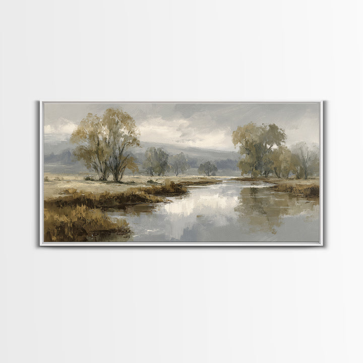 Misty Riverbank with Willow Trees Framed Canvas Print, Impressionist Art, Modern Wall Art, Living Room Decor, Impression, IMP-2x1-55