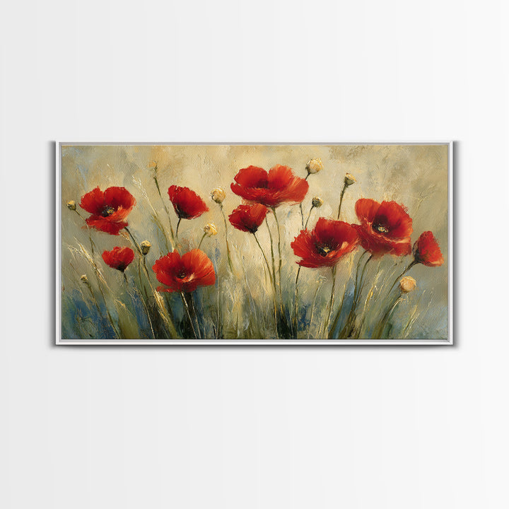 Poppies Blowing Through Green Grass Framed Canvas Print, Impressionist Art, Original Painting, Living Room Decor, Impression, IMP-2x1-56