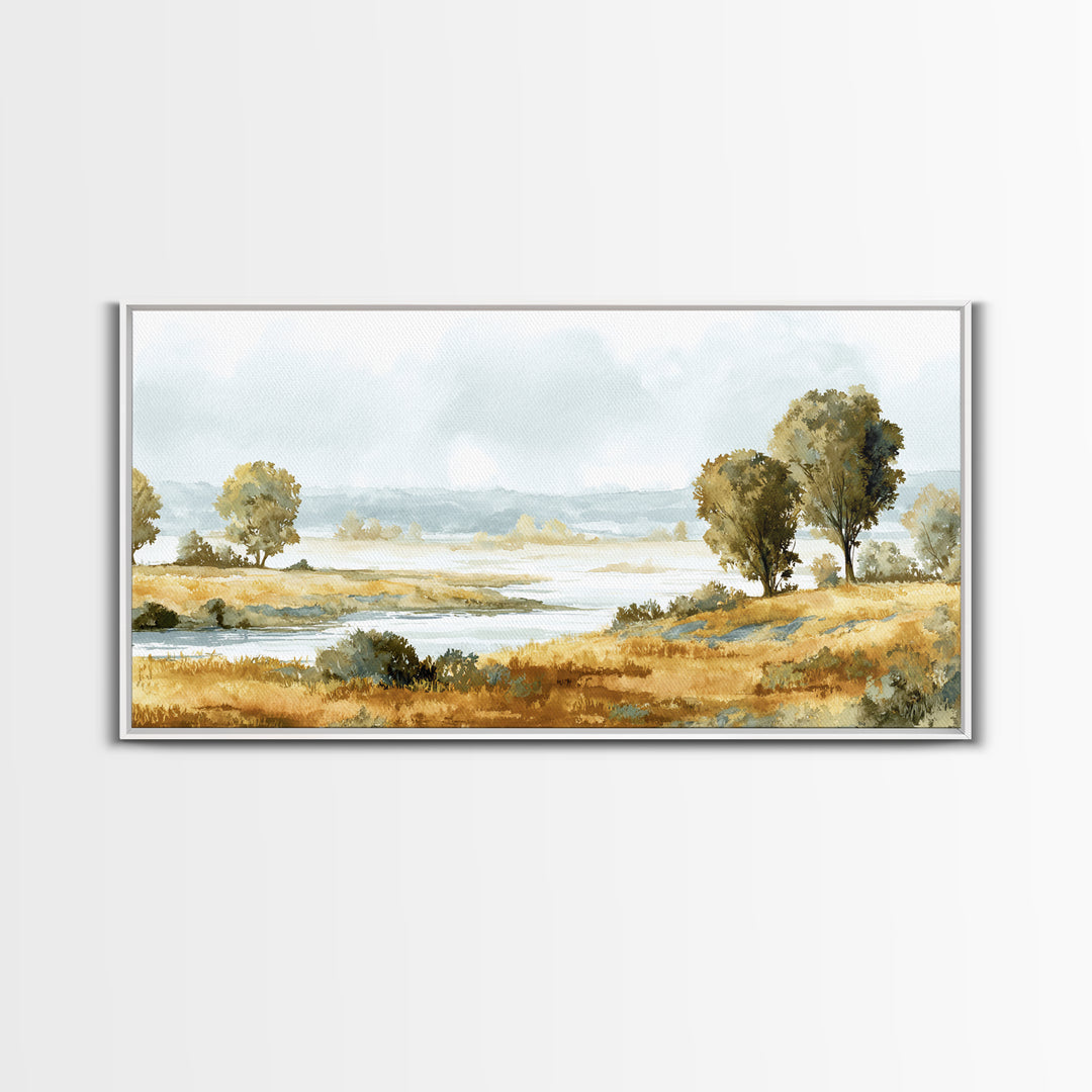 Misty Riverbank with Willow Trees Framed Canvas Print, Impressionist Art, Printable Wall Art, Living Room Decor, Impression, IMP-2x1-7