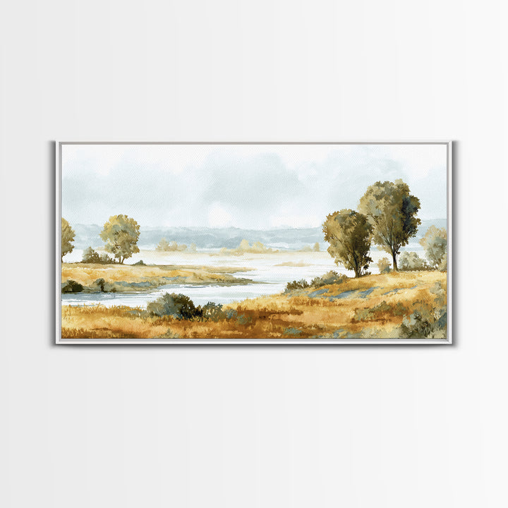 Misty Riverbank with Willow Trees Framed Canvas Print, Impressionist Art, Printable Wall Art, Living Room Decor, Impression, IMP-2x1-7