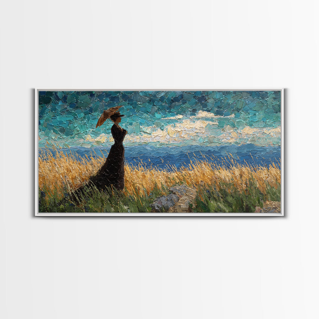 Woman with Parasol in Breezy Meadow Canvas Print, Impressionist Art, Landscape Art, Living Room Decor, Fine Art, Impression, IMP-2x1-71