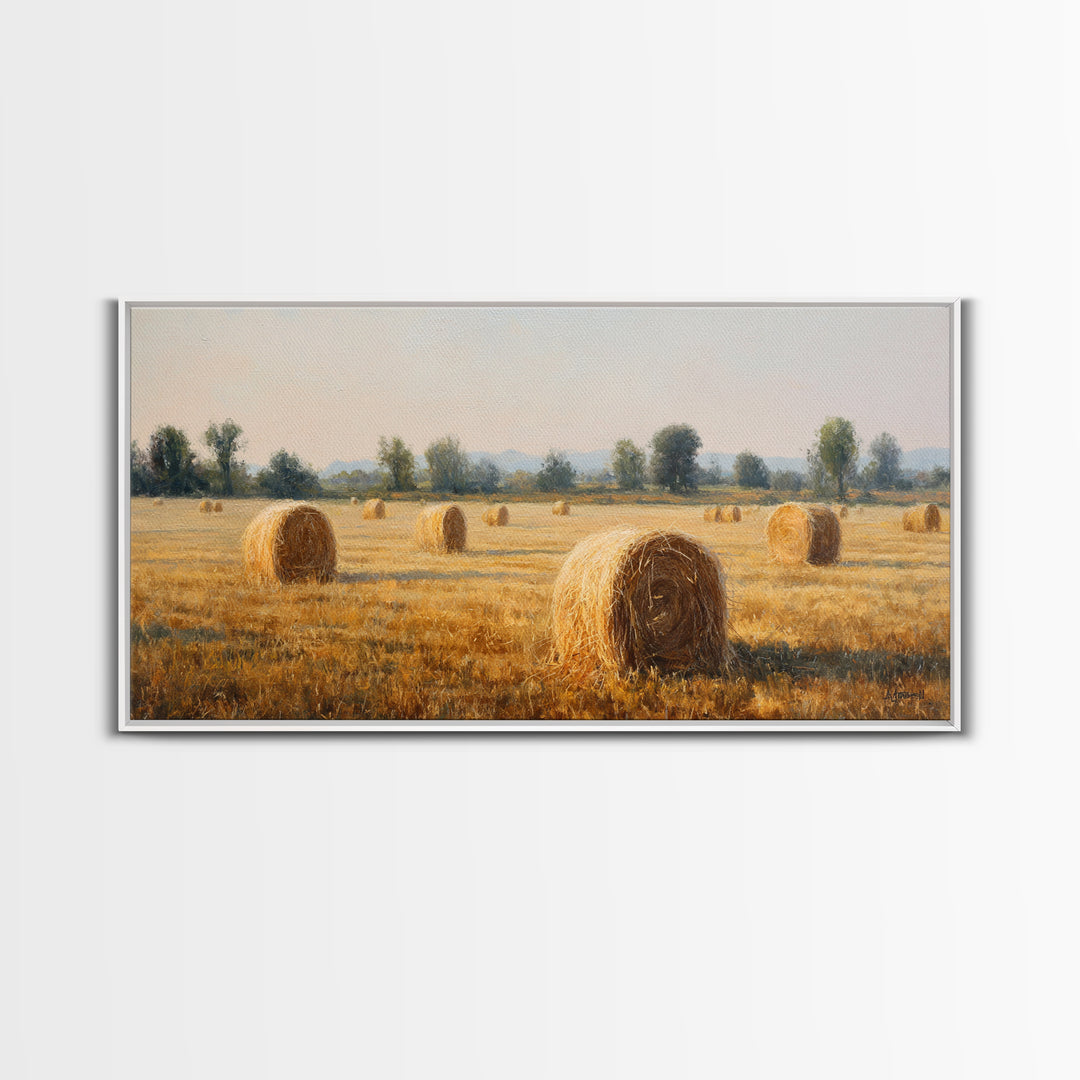 Haystacks Glowing at Golden Hour Framed Canvas Print, Impressionist Art, Bedroom Decor, Living Room Decor, Fine Art, Impression, IMP-2x1-72