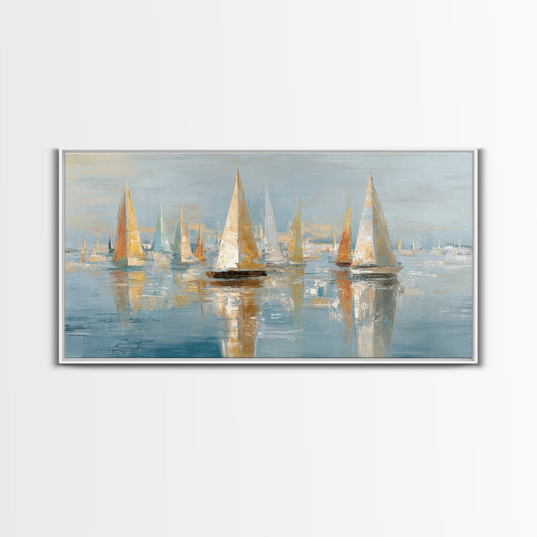 Sailboats on a Bright Sparkling Harbor Canvas Print, Impressionist Art, Horizontal Wall Art, Living Room Decor, Oil Painting, IMP-2x1-77