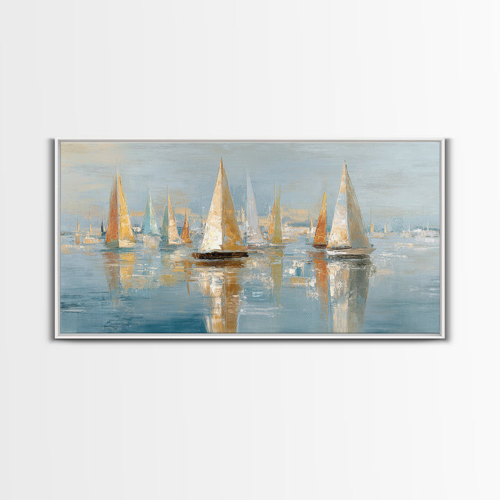 Sailboats on a Bright Sparkling Harbor Canvas Print, Impressionist Art, Horizontal Wall Art, Living Room Decor, Oil Painting, IMP-2x1-77