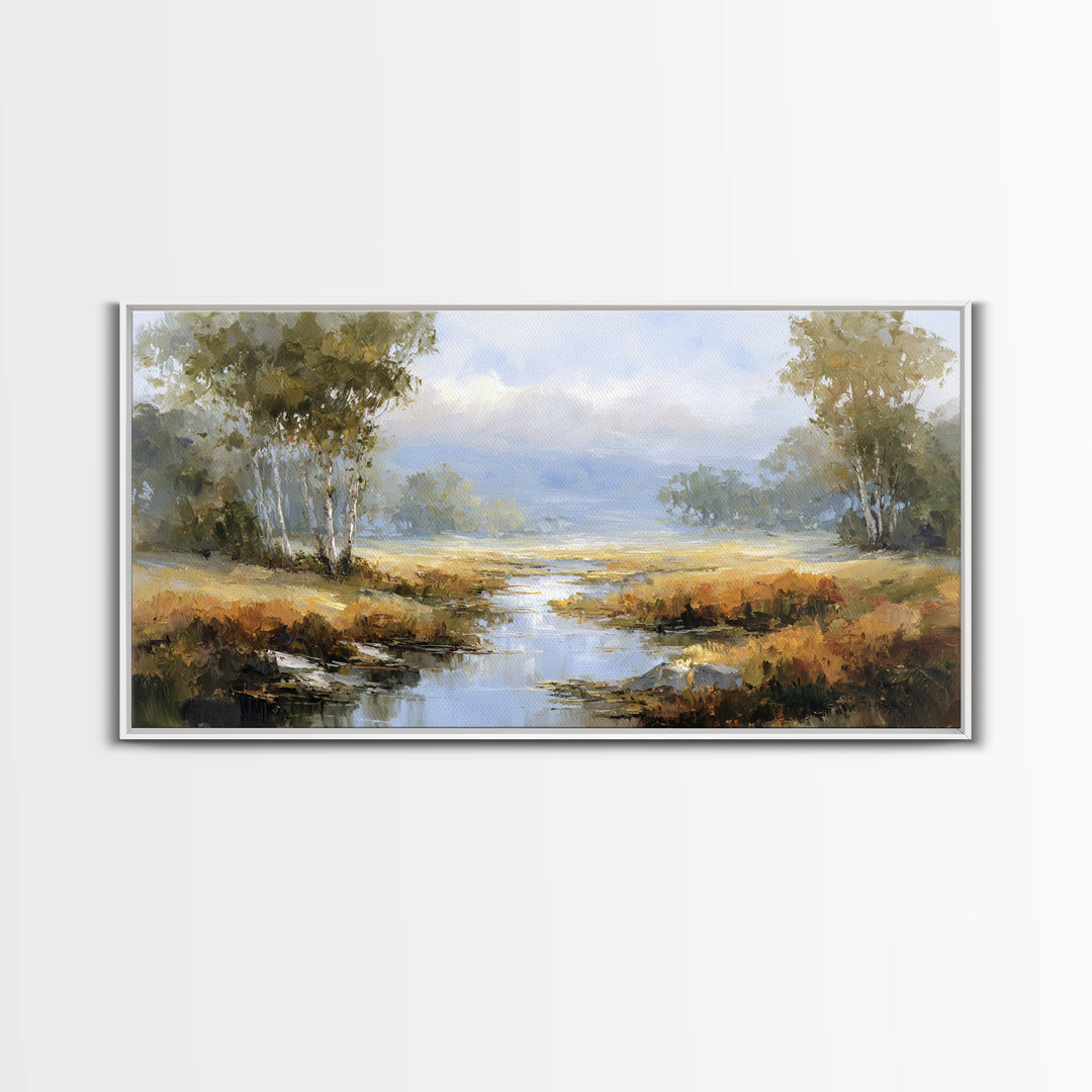 Misty Riverbank with Willow Trees Framed Canvas Print, Impressionist Art, Flower Print, Living Room Decor, Fine Art, Impression, IMP-2x1-79